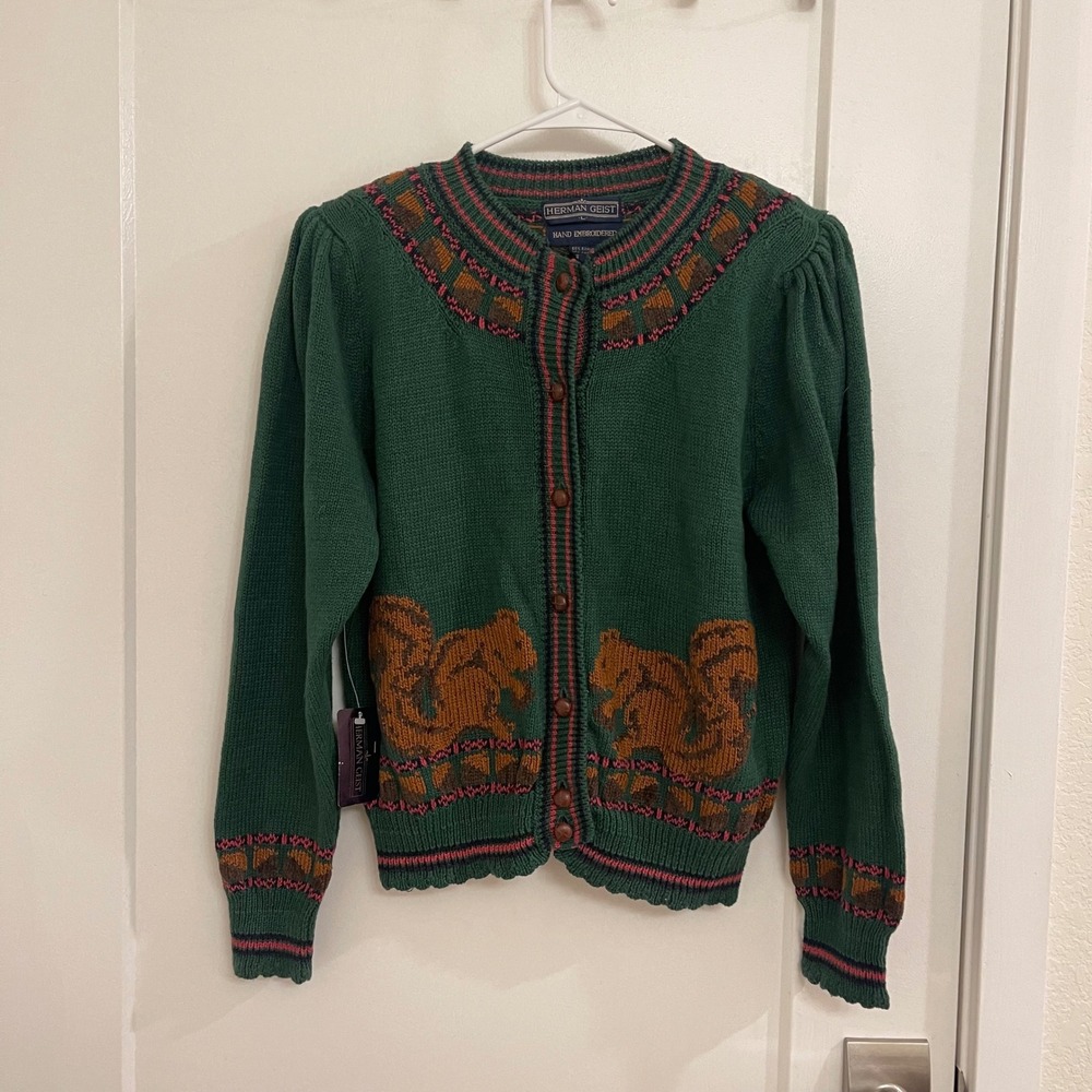 Vintage Herman Geist NWT Deadstock Squirrel Cardigan Green Retro Grandpacore